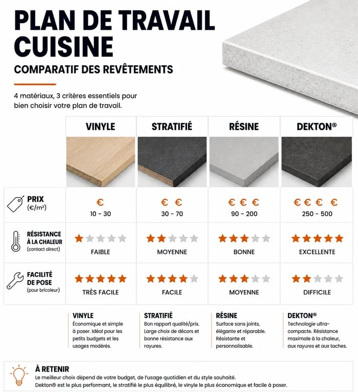 Comparatif des revêtements de plan de travail cuisine : matériaux, prix et résistance