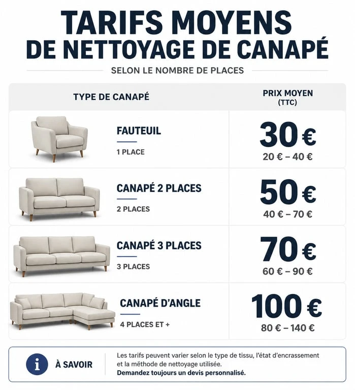 Tarifs moyens nettoyage canapé par type de mobilier
