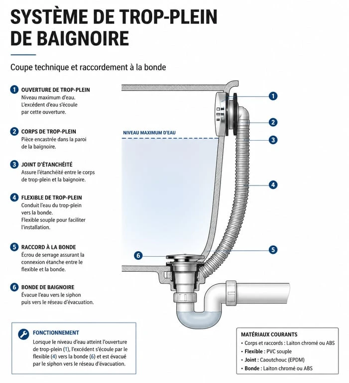 Schéma technique du fonctionnement d'un trop-plein de baignoire