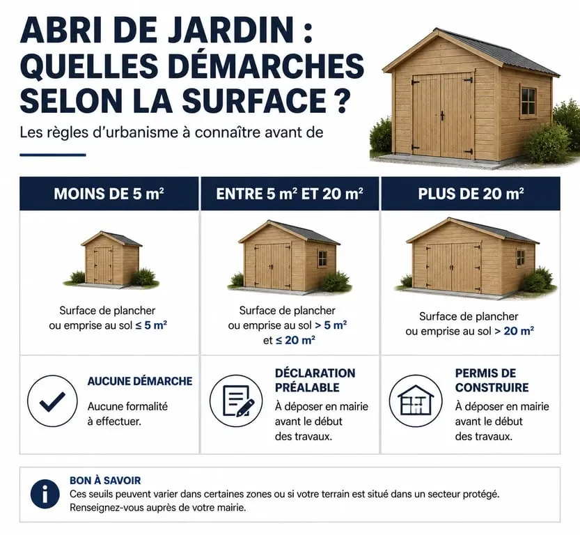 Infographie des seuils de déclaration pour un abri de jardin en France