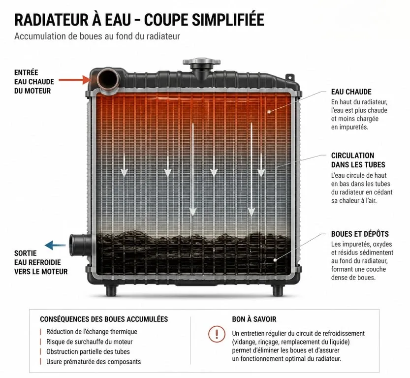 Schéma explicatif d'un radiateur chaud en haut et froid en bas causé par l'embouage