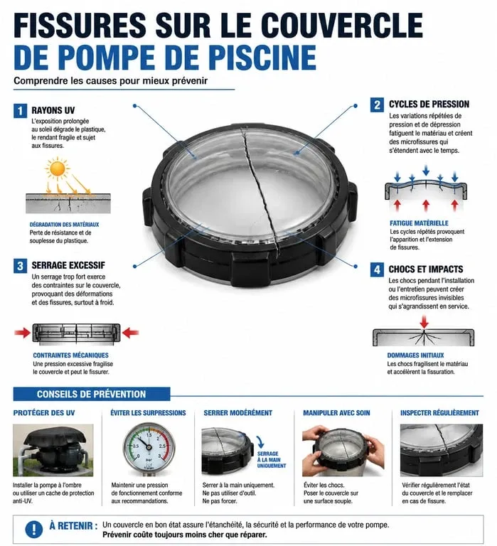 Infographie des causes et prévention des fissures sur couvercle de pompe de piscine