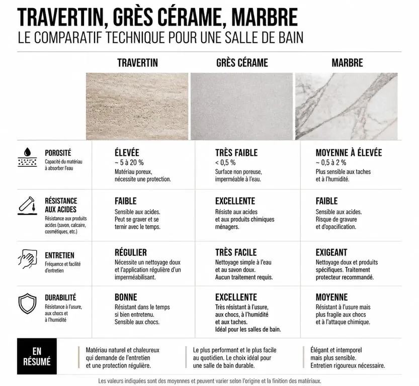Comparatif des matériaux pour salle de bain : travertin, grès cérame et marbre