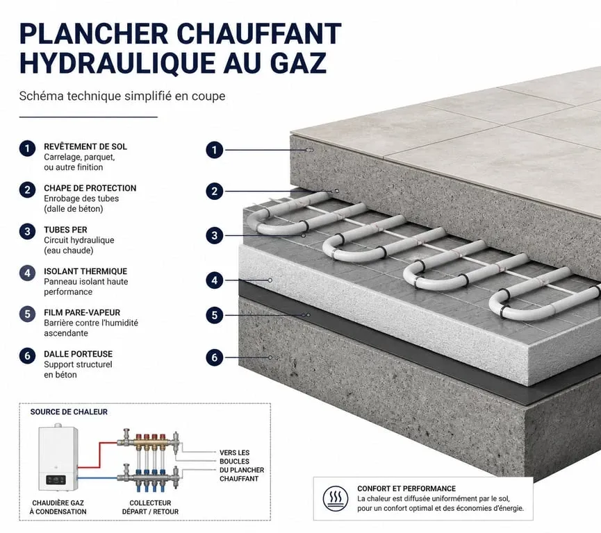 Schéma de fonctionnement d'un chauffage par le sol gaz avec composants