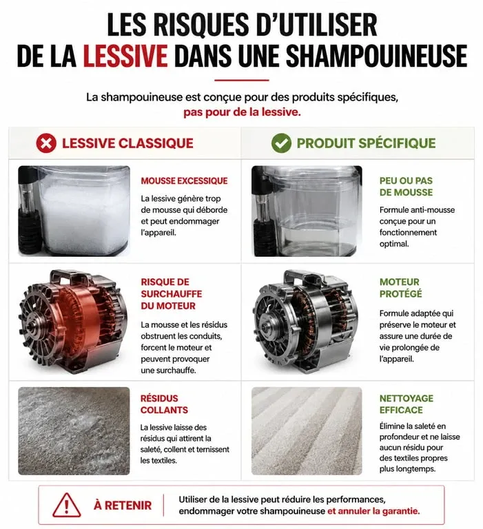 Infographie des risques et bonnes pratiques pour l'utilisation d'une shampouineuse et le choix du produit de nettoyage