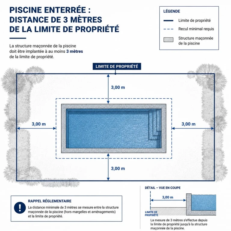 Schéma de mesure de la distance légale de 3 mètres pour une piscine de moins de 10m2 par rapport à la limite de propriété
