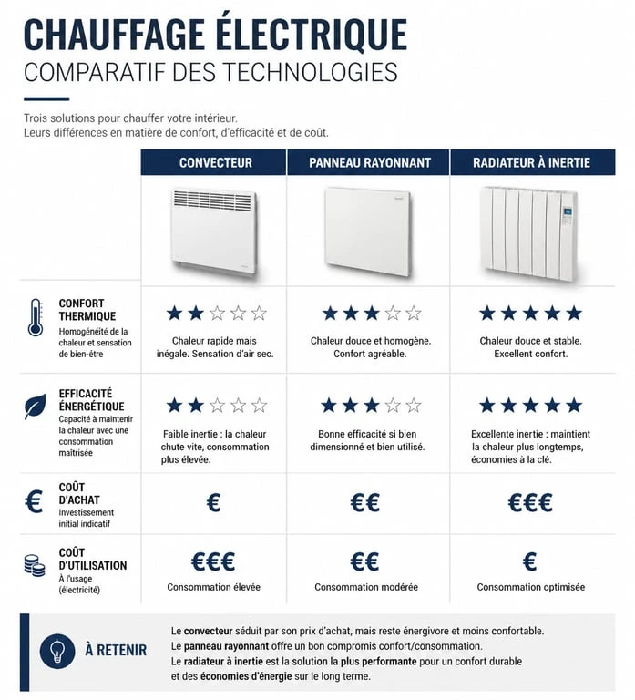 Infographie comparative des technologies de chauffage individuel électrique