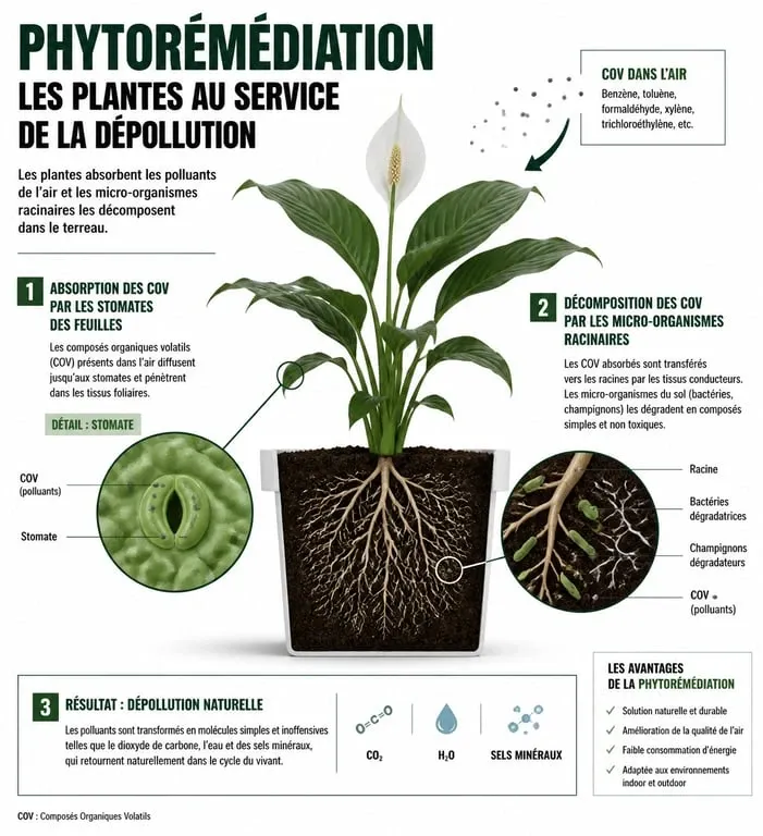 Infographie sur le fonctionnement des plantes d'intérieur dépolluantes et la phytoremédiation