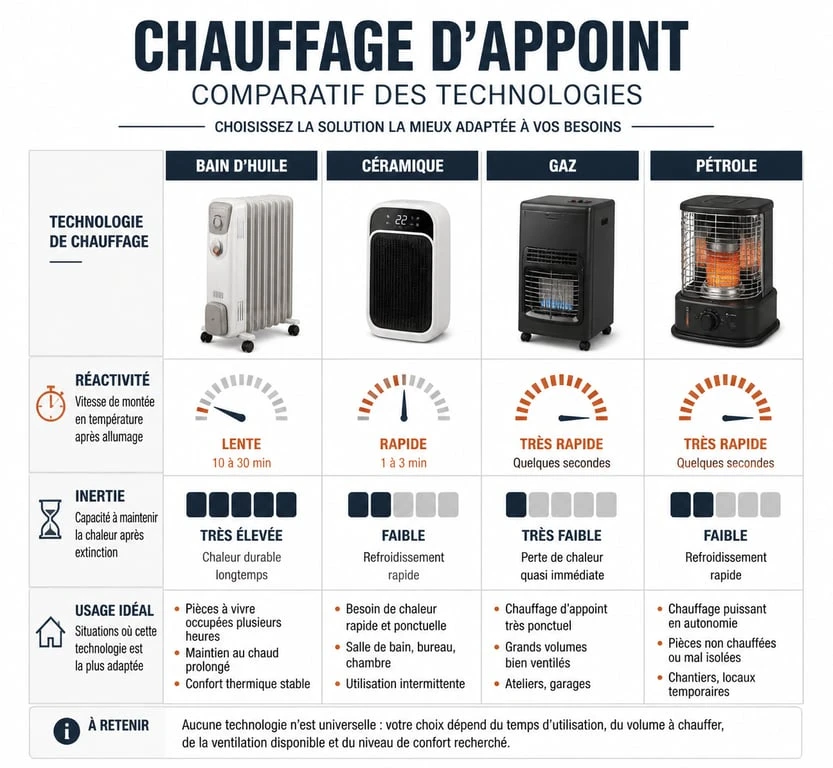 Infographie comparative des technologies pour choisir le meilleur chauffage d'appoint selon l'usage et la surface.