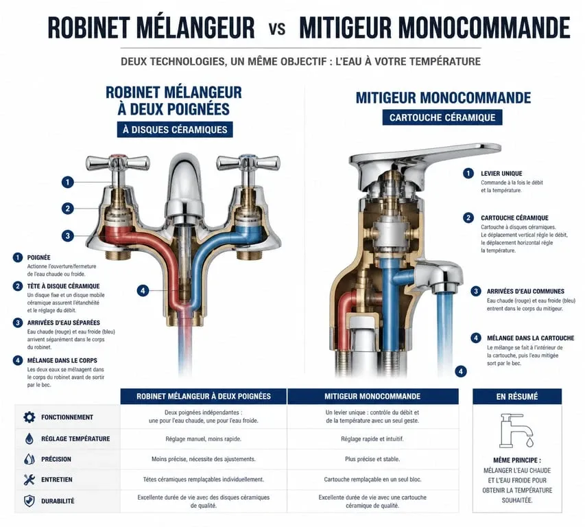 Schéma comparatif technique entre un robinet mélangeur cuisine et un mitigeur monocommande pour choisir son équipement.