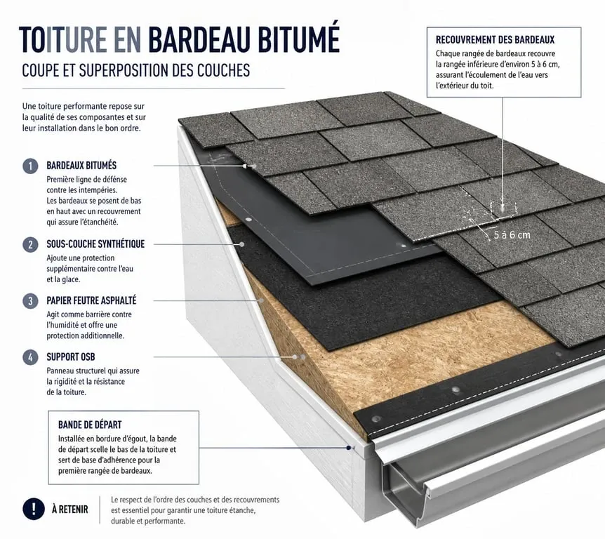 Schéma de pose de bardeau bitumé sur toiture en OSB