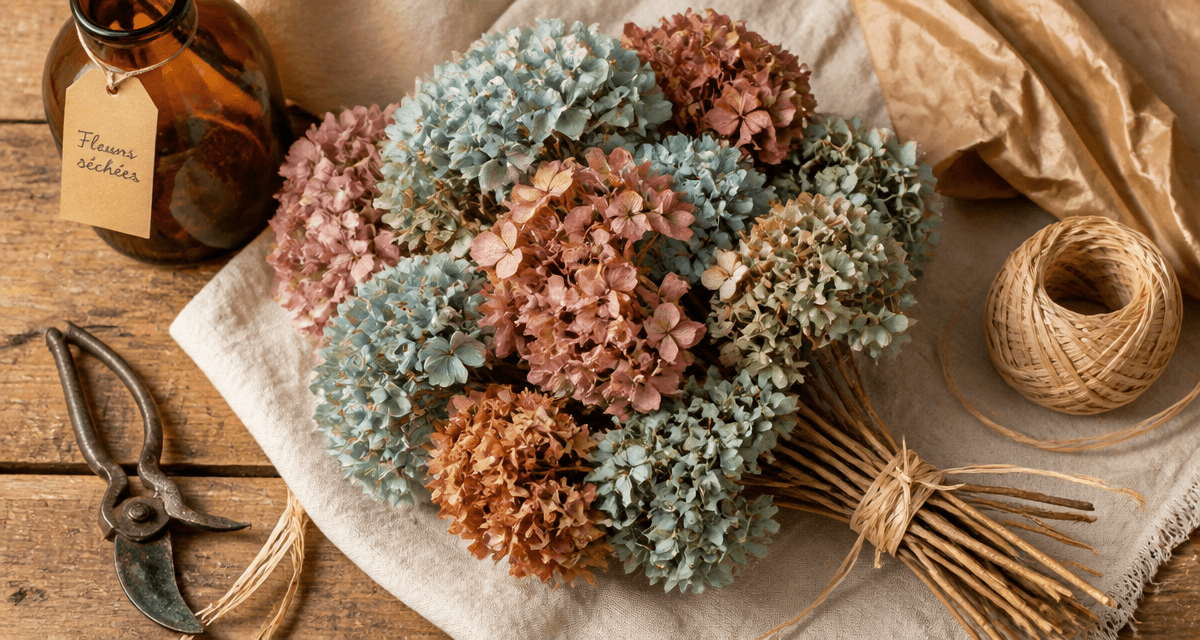 hortensia comment les faire secher bouquet séché flat lay