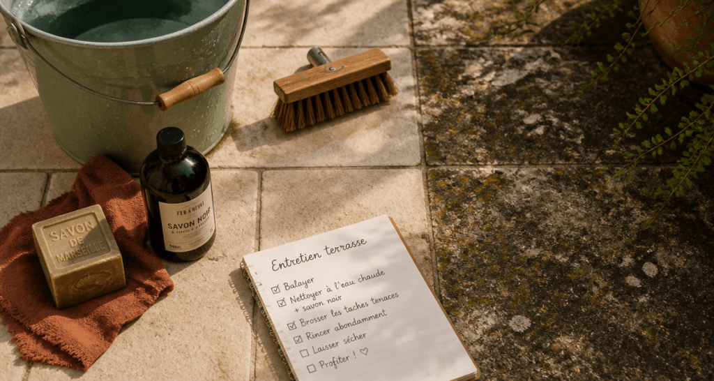 nettoyer dalle de terrasse avant après avec outils naturels