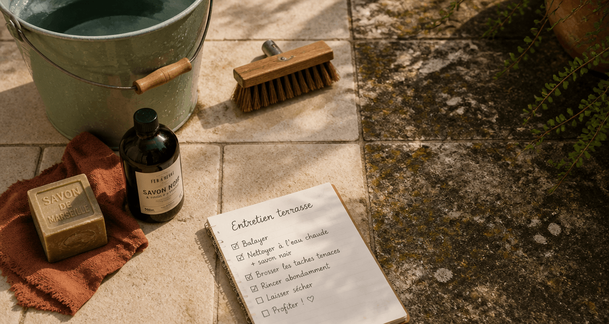 nettoyer dalle de terrasse avant après avec outils naturels