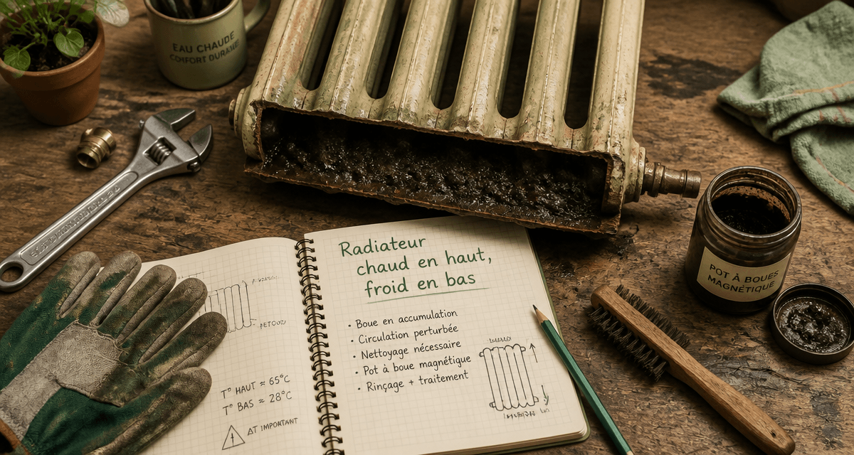 radiateur chaud en haut et froid en bas sectionné avec boue et outils