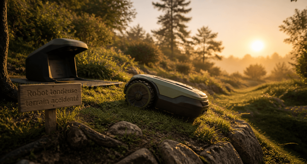 robot tondeuse terrain accidenté sur pente herbeuse