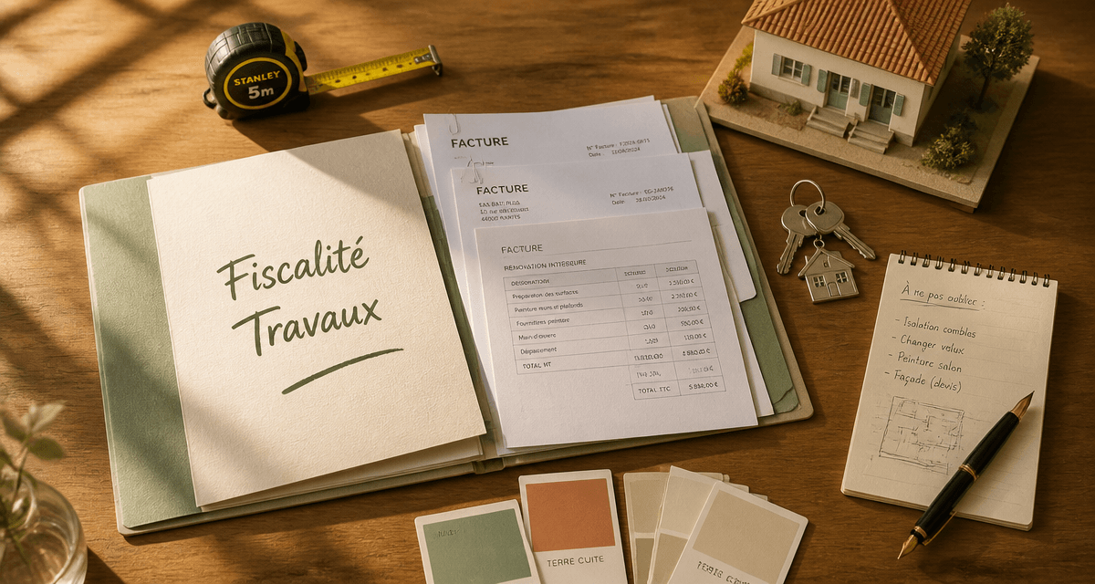 Travaux déductibles impôts résidence principale 2024, dossier fiscal et outils sur table