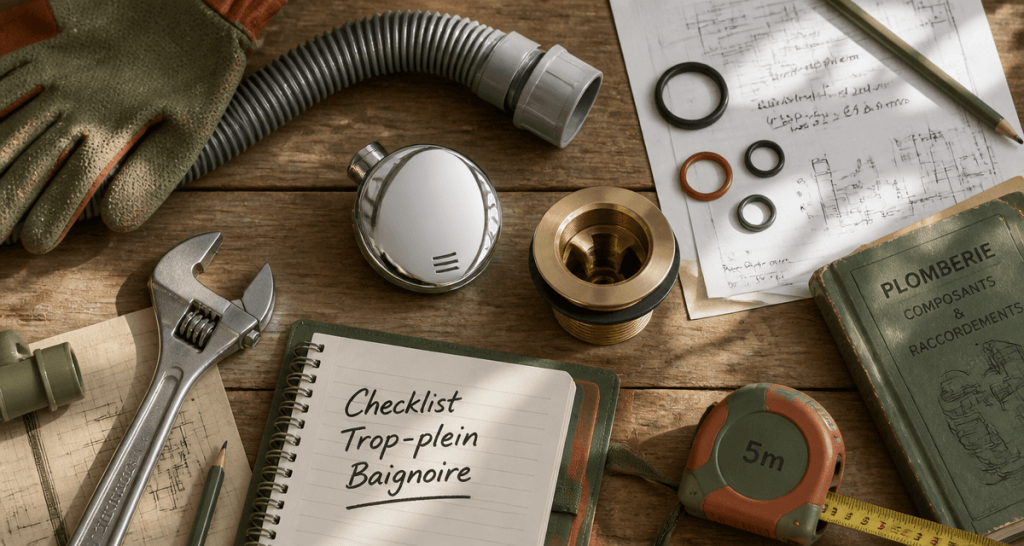 trop plein baignoire outils et bonde sur plan de travail