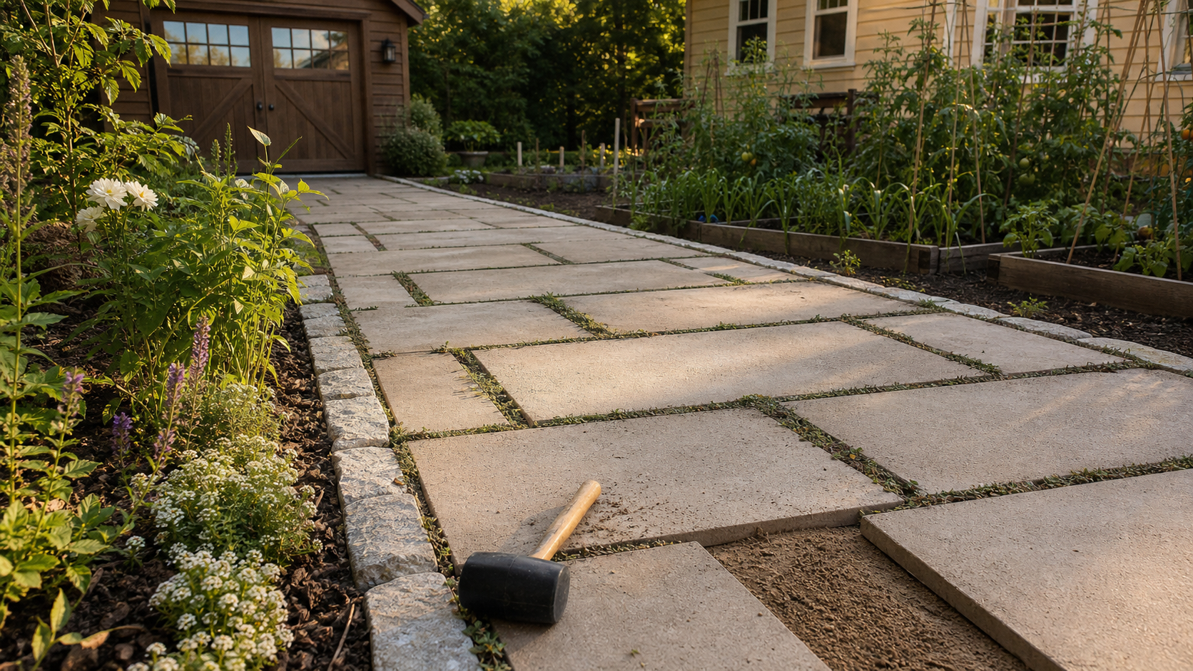 Dalle allee de jardin posée sur sable, chemin durable