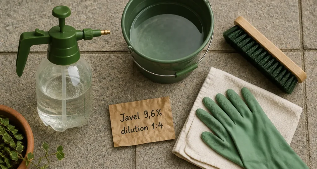 Dilution javel 9,6 pour nettoyage terrasse : dosage, application et précautions