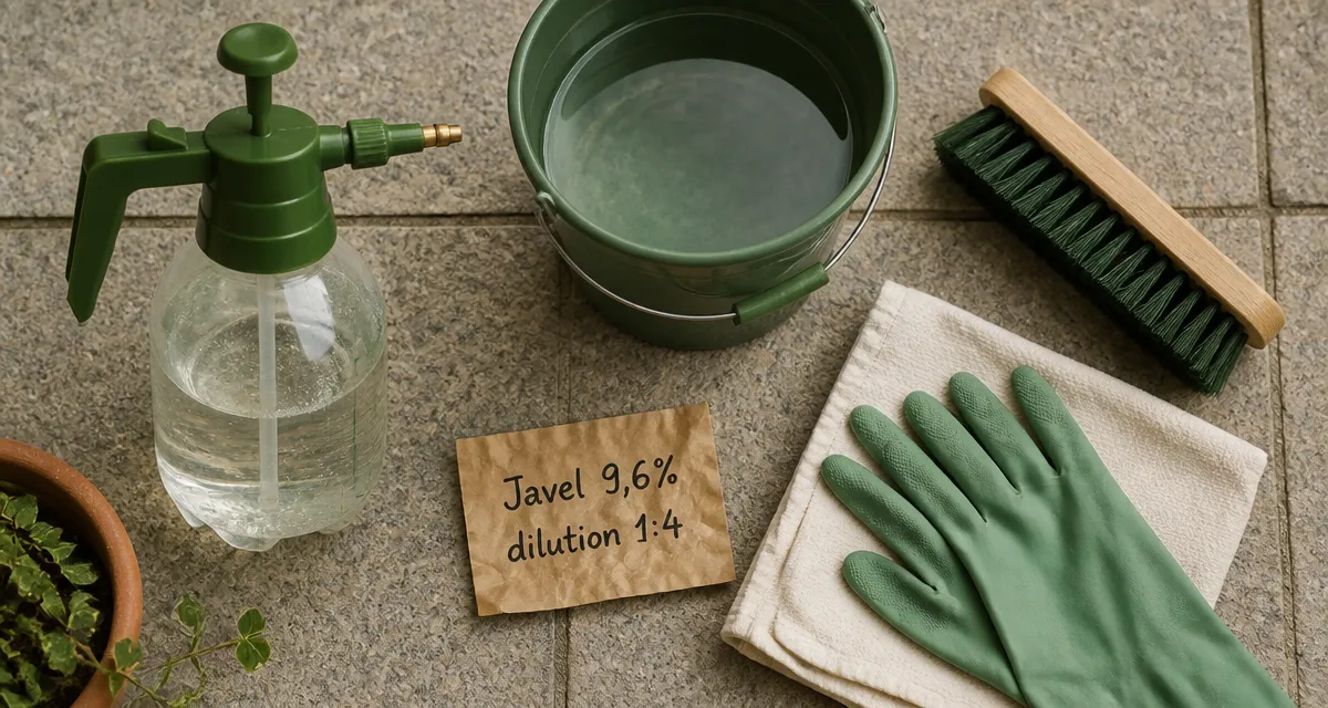Dilution javel 9,6 pour nettoyage terrasse : dosage, application et précautions