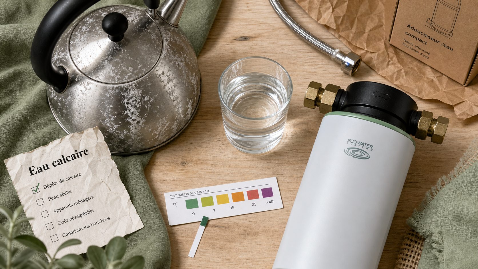 Eau calcaire solution : bouilloire entartrée, bandelette test, adoucisseur