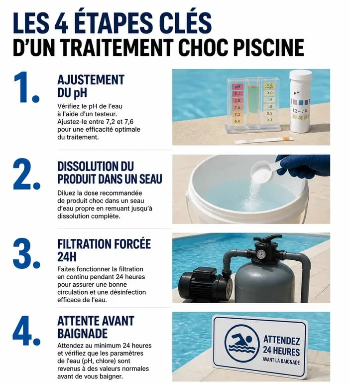 Infographie des étapes du traitement chlore choc piscine