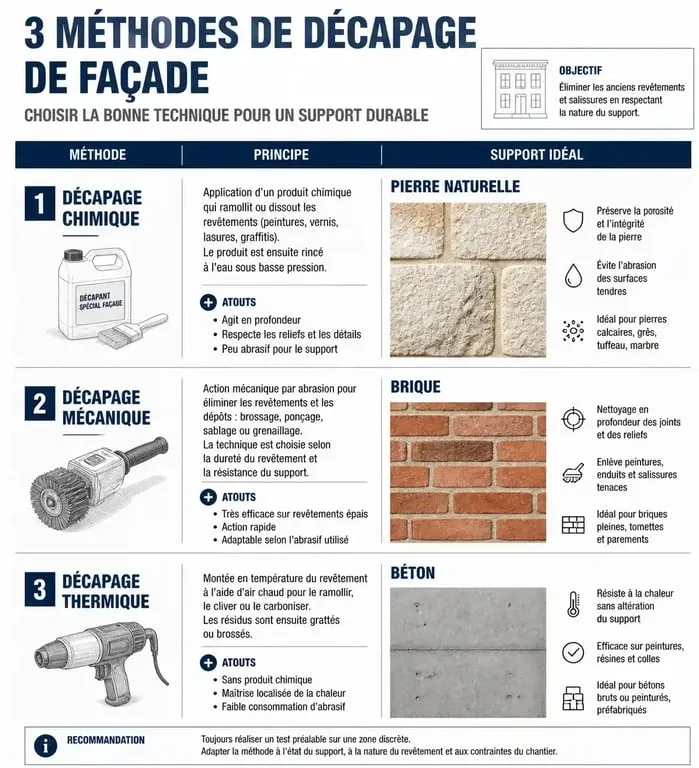 Infographie comparative des méthodes pour décaper une façade en peinture : chimique, mécanique et thermique.