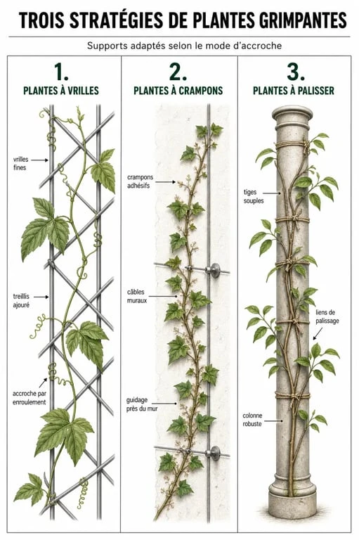 Infographie des différents supports pour plantes grimpantes selon le mode de fixation