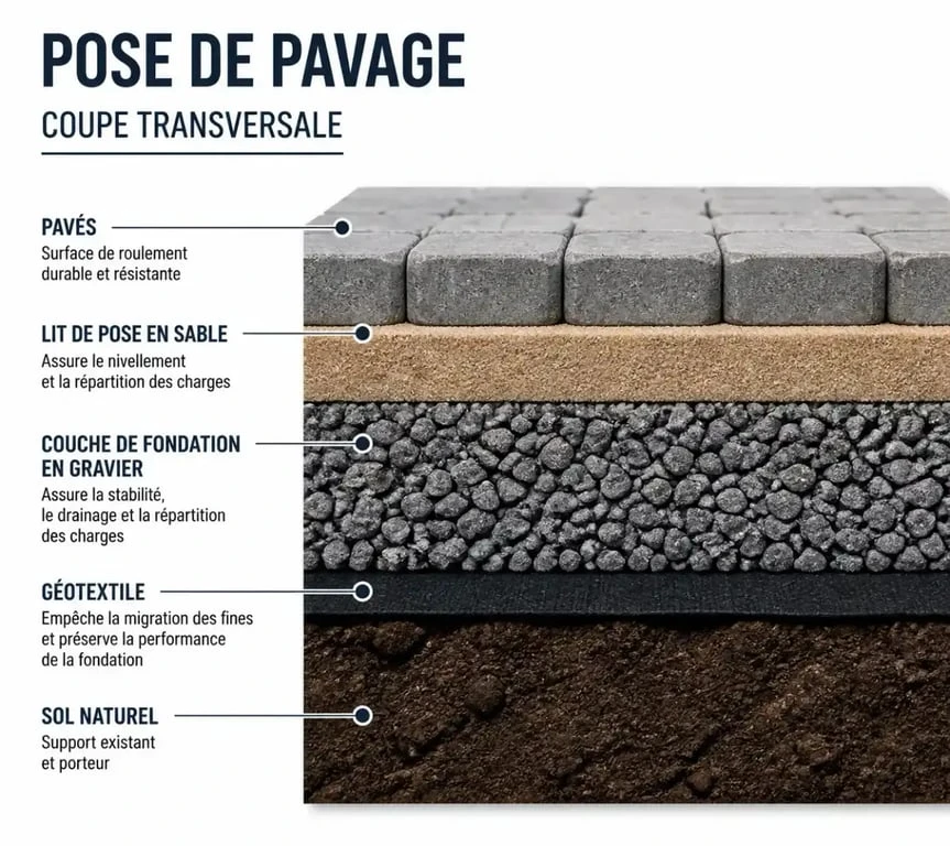 Schéma en coupe des étapes de pose pavage : fondation, sable et pavés
