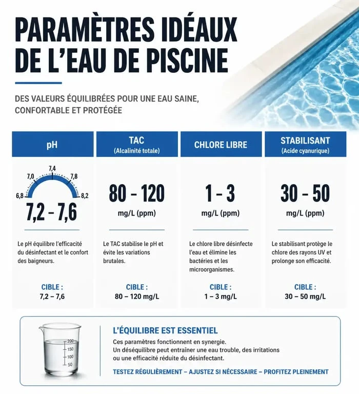 Tableau des valeurs idéales pour l'entretien d'une piscine et le traitement de l'eau verte
