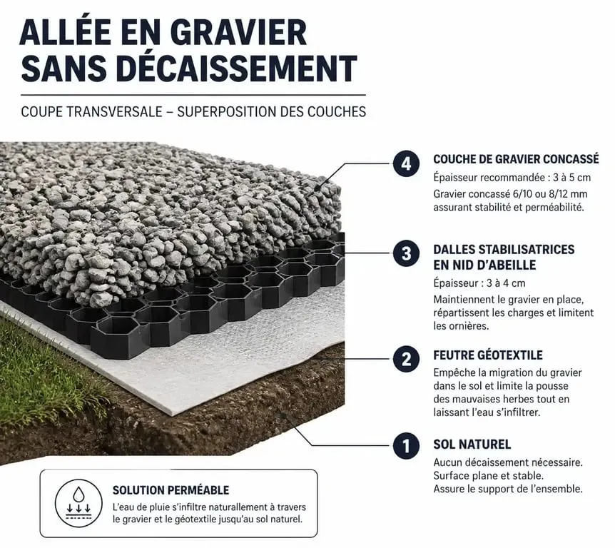 Schéma de pose de gravier sans décaissement avec feutre géotextile et stabilisateurs
