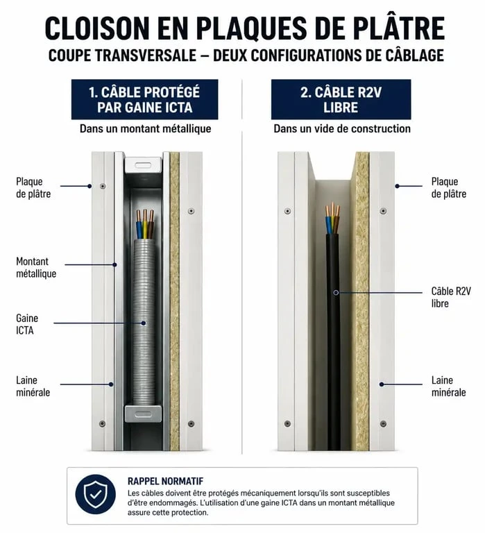 Schéma de conformité pour le passage de câbles électriques dans une cloison placo selon la norme NF C 15-100