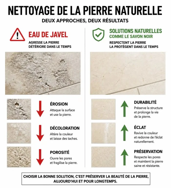 Infographie comparative : nettoyage pierre naturelle javel vs alternatives naturelles