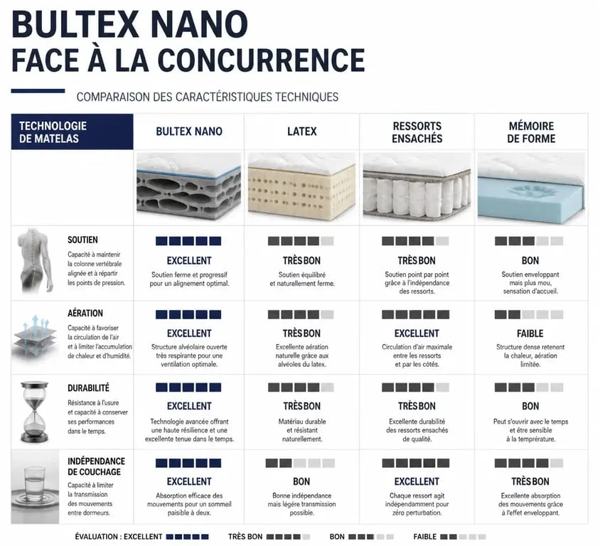 Tableau comparatif des avantages et inconvénients des matelas Bultex par rapport aux autres technologies de literie