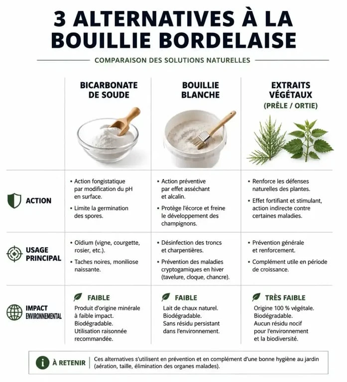 Infographie comparative des alternatives naturelles à la bouillie bordelaise pour le jardin