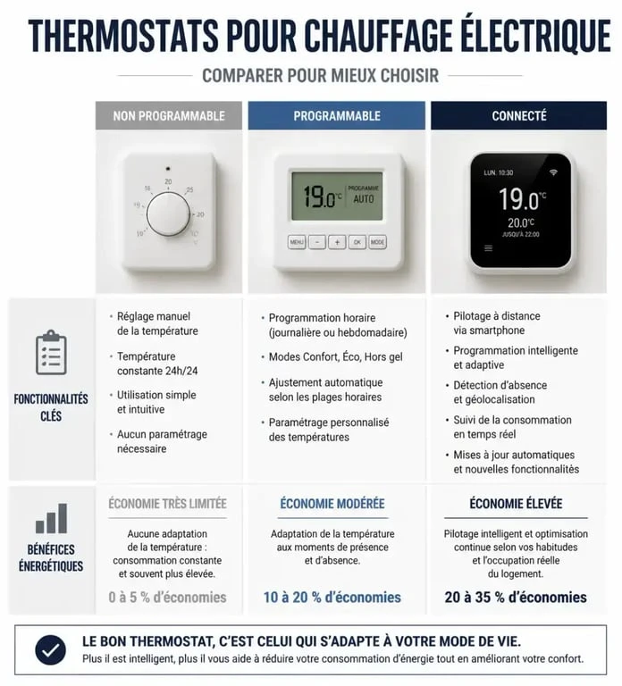 Comparatif des types de thermostats pour chauffage électrique : non programmable, programmable et connecté