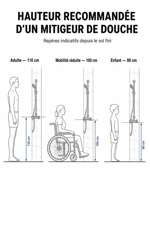 Infographie des hauteurs recommandées pour l'installation d'un mitigeur de douche selon les profils d'utilisateurs.