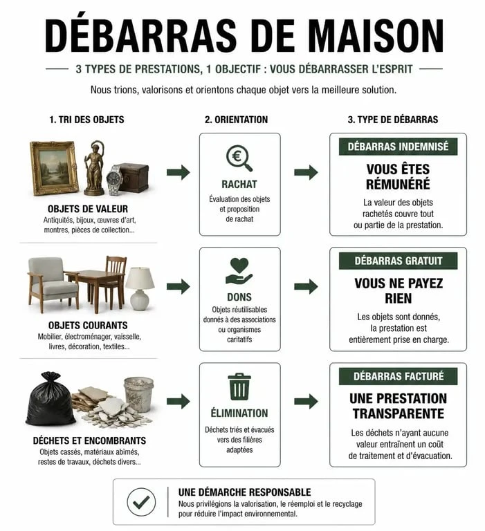 Infographie explicative sur les options de débarras maison : indemnisé, gratuit ou payant selon la valeur des objets.