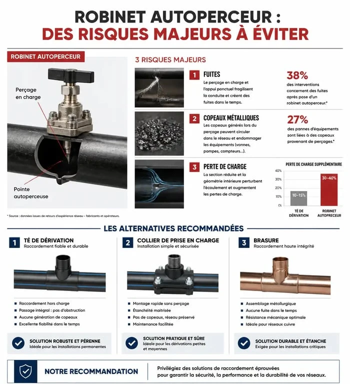 Infographie comparative sur les risques du robinet autoperceur et les alternatives de plomberie conformes aux normes.