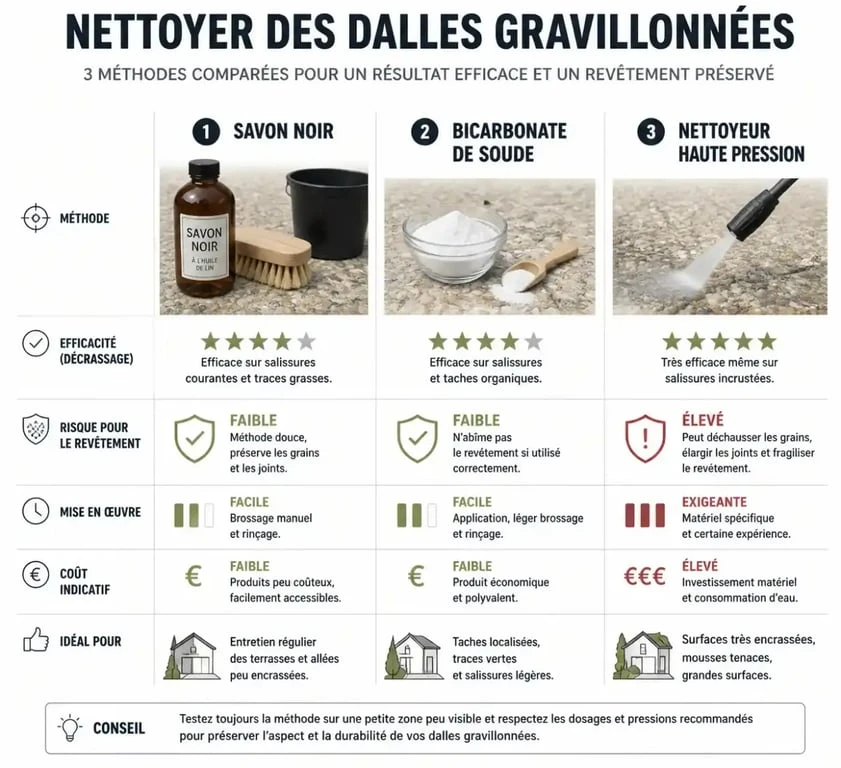 Comparatif des méthodes pour nettoyer des dalles gravillonnées noircies : savon noir, bicarbonate et nettoyeur haute pression.