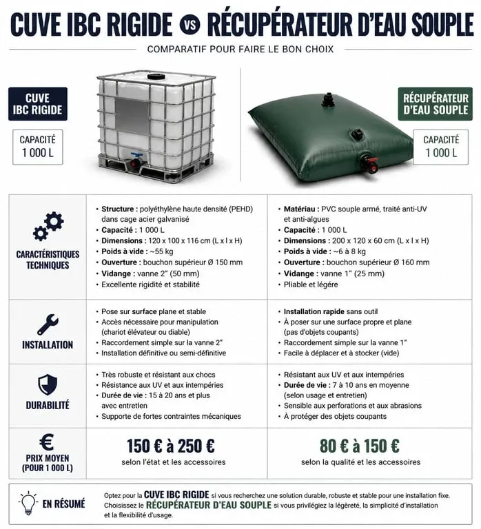 Comparatif des types de récupérateurs d'eau 1000l : cuve IBC rigide vs réservoir souple