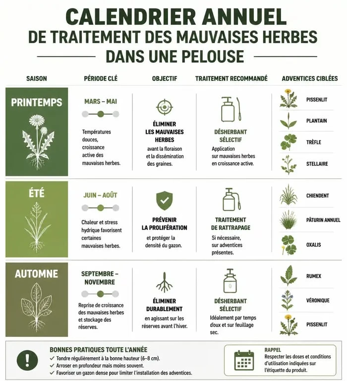 Calendrier annuel de traitement des mauvaises herbes pour une pelouse saine