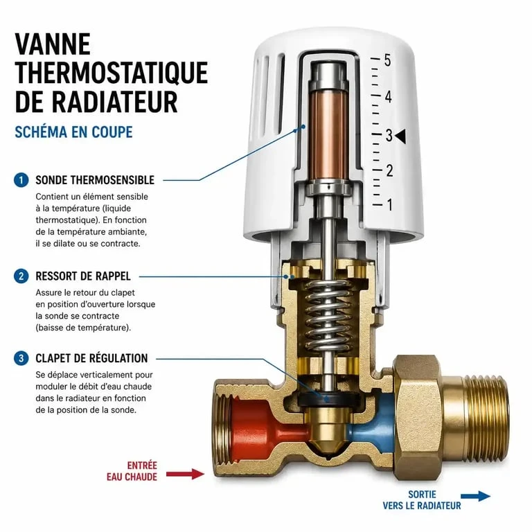 Schéma du fonctionnement d'une vanne thermostatique de radiateur