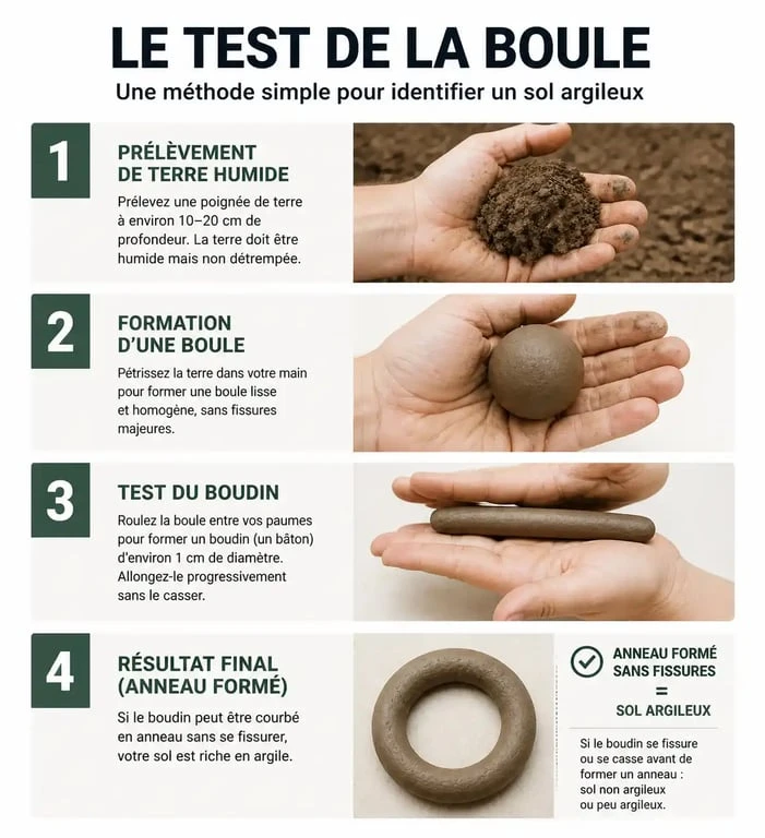 Infographie montrant comment identifier un sol argileux avec le test de la boule