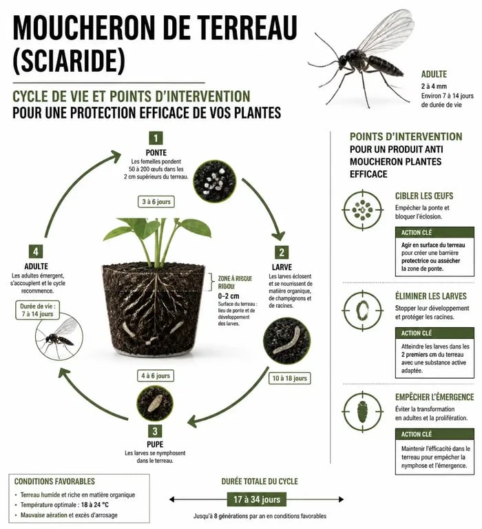 Infographie sur le cycle de vie du moucheron de terreau et les solutions anti moucheron plantes