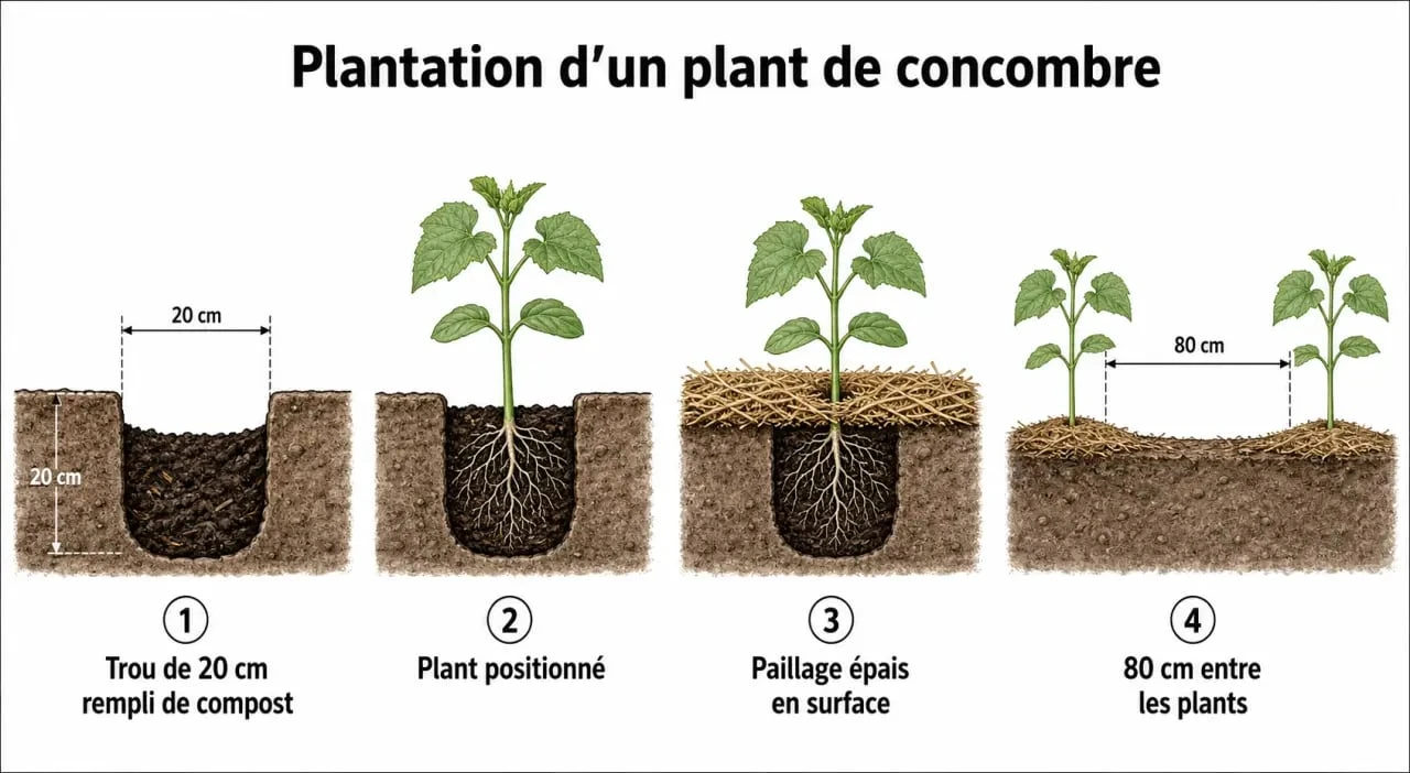 Schéma des étapes de plantation du concombre au potager : préparation du sol, compost et paillage pour réussir quand planter le concombre.