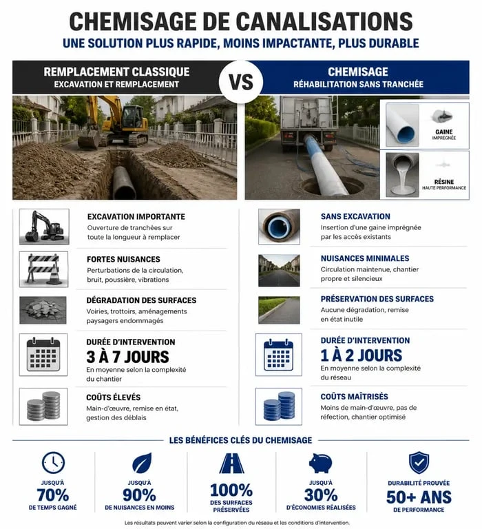 Infographie comparative : chemisage de canalisations vs remplacement classique pour la réparation de réseaux