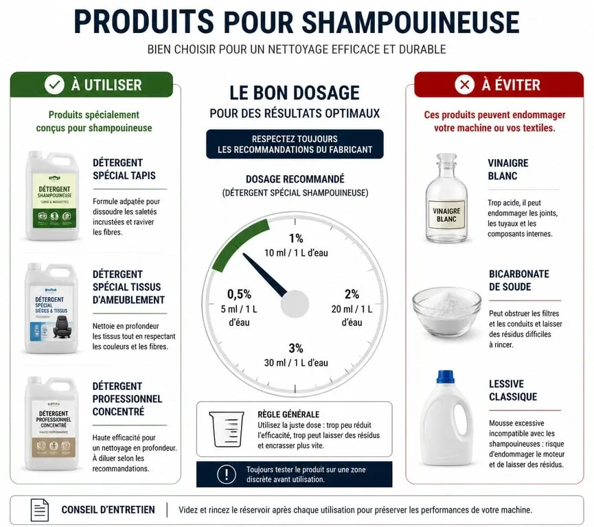 Infographie récapitulative des produits à utiliser et à éviter dans une shampouineuse pour un nettoyage efficace et sécurisé.