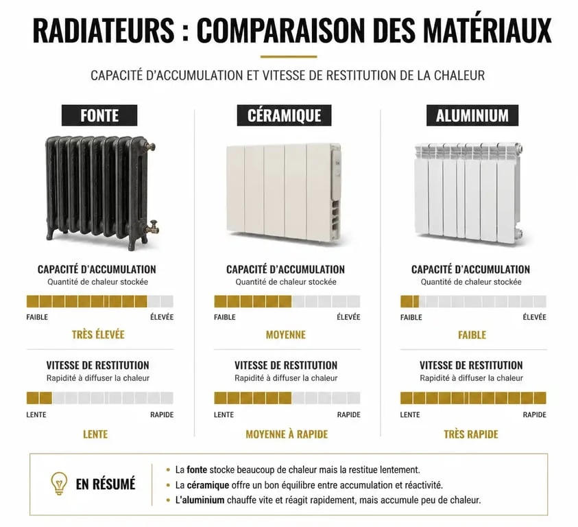 Comparatif des matériaux pour radiateur double cœur de chauffe 2000W : fonte, céramique et aluminium